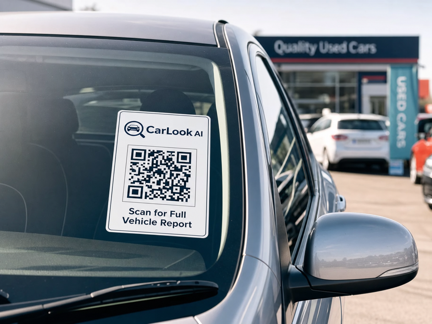 CarLook QR code sticker on a car window at a UK dealership